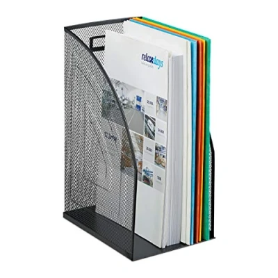 Image of Relaxdays Mesh Magazine File Holder, A4 Metal Document Storage, Office Desk Organiser, Wide, HxWxD: 32x16x24.5 cm, Black, steel, 1 Item