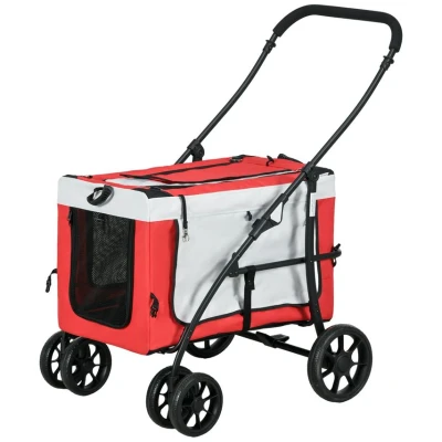 Image of PawHut Dog Pram Stroller Pet Pushchair with Detachable Carrier Soft Padding, Safety Leashes, for Mini and Small Dogs Red