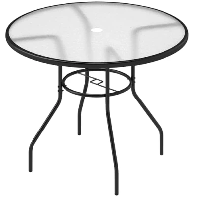 Image of Outsunny 100 cm Round Dining Table with Parasol Hole, Outdoor Coffee End Side Tempered Glass Top, Steel Frame for Garden, Black