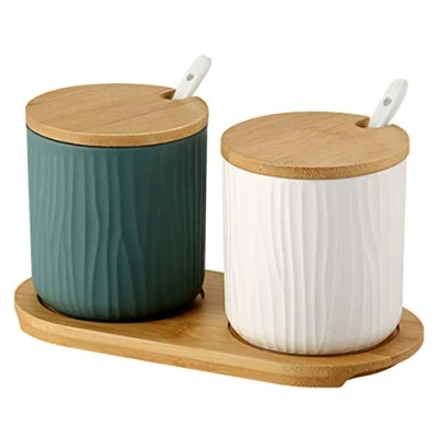 Image of OnePine Set of 2 Sugar Bowl, Ceramic Spice Jar Condiment Pots with Bamboo Lid and Spoon for Home Kitchen