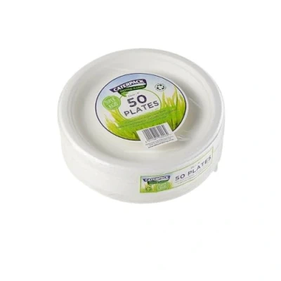 Image of Caterpack Enviro Range Plates 23cm, 50 Pack Super Rigid 100% Biodegradable Plates, Naturally compostable, Eco Friendly, Non Plastic Alternative, Microwave and Freezer White