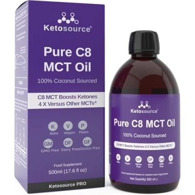 Image of Ketosource Pure C8 MCT Oil Boosts Ketones 4X Versus Other MCTs Highest 99%+ Purity 100% Coconut Keto Diet, Fasting, Vegan Safe &amp; Gluten Free Premium Lab Tested Caprylic Acid 500ml