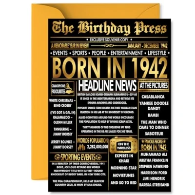 Image of Gold 83rd Birthday Card for Men Women Black &amp; Golden Newspaper Born in 1942 Happy 83 Cards Dad Wife Nan Husband Auntie Grandma, A5 Bday Greeting