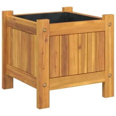 Image of vidaXL Solid Acacia Wood Garden Planter Box with Liner 31x31x30cm Outdoor Patio Flowerpot, Drainage Slats, Natural Finish, DIY Container