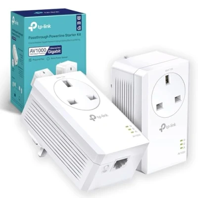 Image of TP Link TL PA7017P KIT Gigabit Passthrough Powerline Starter Kit, Data transfer speed Up To 1000 Mbps, Ideal for HD/3D/4K video streaming and Online Gaming, No Configuration required, UK Plug