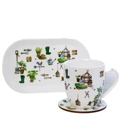 Image of Set Of 3 Mug Coaster And Tray Green Fingers Garden Melamine Fine China Serving