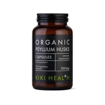 Image of KIKI Health Organic Psyllium Husks Fibre Supplement Natural Soluble from Plantago Ovata Seeds 120 Capsules Vegan Gluten Free Easy Digest Husk 850mg