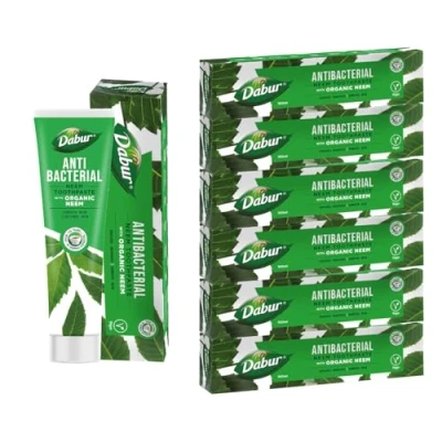 Image of Dabur Neem Organic Toothpaste 100ml (Pack of 6) Antibacterial Natural Oral Care with Extracts for Fresh Breath &amp; Healthy Teeth Fluoride Free Formula Fight Germs and Protect Gums