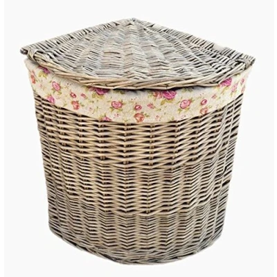 Image of Red Hamper Small Antique Wash Corner Linen Basket With Garden Rose Lining, Wicker, 50 x 33 cm