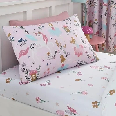 Image of Happy Linen Company Girls Boys Kids Enchanted Forest Unicorn Pink Standard Reversible Extra Pair Of Pillow Cases