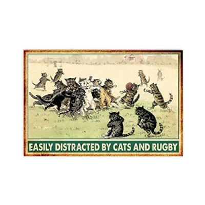Image of TNND Rugby Cats Easily Distracted Poster Vintage Wall Decor Home Father&#039;s Day Birthday Gift Metal Signs 12X16 inch