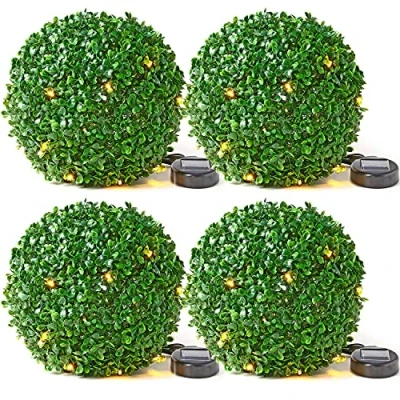 Image of Taylor &amp; Brown 28cm Solar Powered 20 LED Rose Artificial Topiary Ball Hanging Ornament Boxwood Garden Ultra Bright Light Decorative Two Functions (4 Pack, Green)