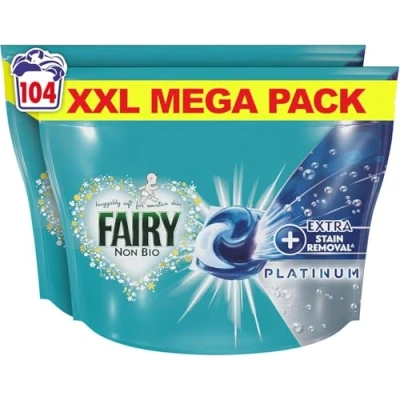 Image of Fairy Platinum +Stain Remover Non Bio Pods Washing Liquid Capsules for Sensitive Skin 104 Washes