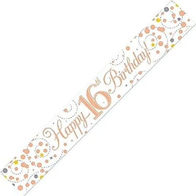Image of 9ft Banner Sparkling Fizz 16th Birthday White &amp; Rose Gold Holographic