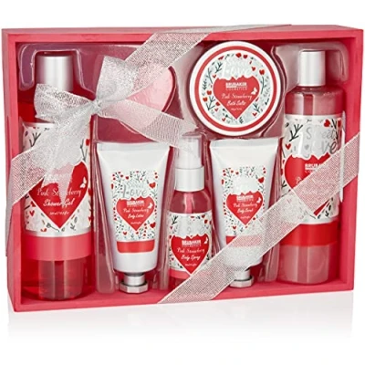 Image of BRUBAKER Cosmetics 8 Piece Bath and Shower Set Strawberry Sweet Love in a Decorative Wooden Basket Gift with Flower Design Pink