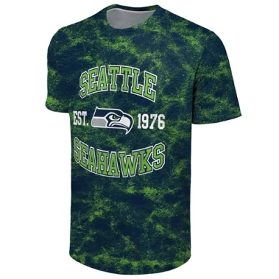 Image of FOCO NFL Men&#039;s Officially Licensed Established Wordmark Camo Performance Throwback Team Color Crewneck T Shirt, Seattle Seahawks Navy, L