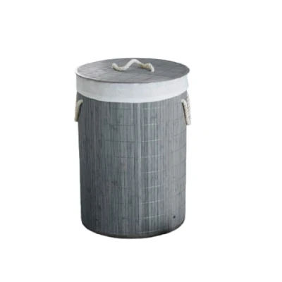 Image of Optimal Products Folding Foldable Bamboo Laundry Hamper Basket Storage Bin Dirty Clothes Washing Bags (Round Grey)