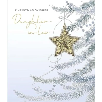 Image of UK Greetings Special Daughter in Law Christmas Card Hanging Star Decoration with Foil and Embellished Details Eco Friendly, 160 x 185 mm, Grey, Green, Gold, Silver