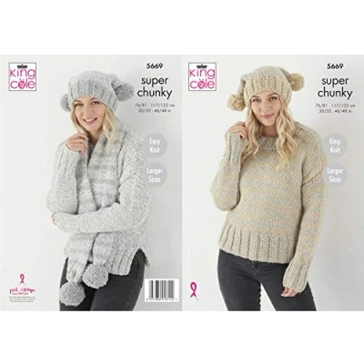 Image of King Cole Ladies Super Chunky Knitting Pattern Easy Knit Sweater Hat &amp; Scarf (5669)
