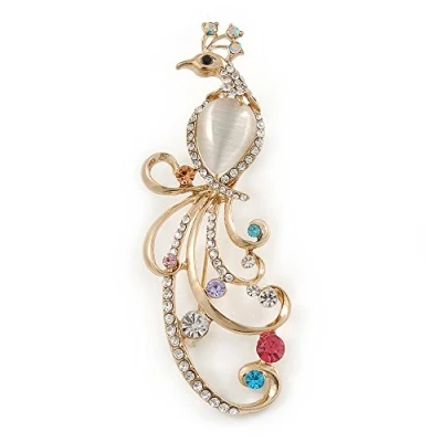 Image of Avalaya Gold Tone Multicoloured Crystal Peacock Brooch 80mm L