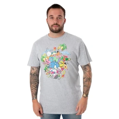 Image of Sonic THE HEDGEHOG Mens T Shirt Grey Green Hills Psychedelic Graphic Tee for Adults Short Sleeve Nostalgic 90s Gamer Apparel Lightweight Top Retro Artwork Game Gift Him
