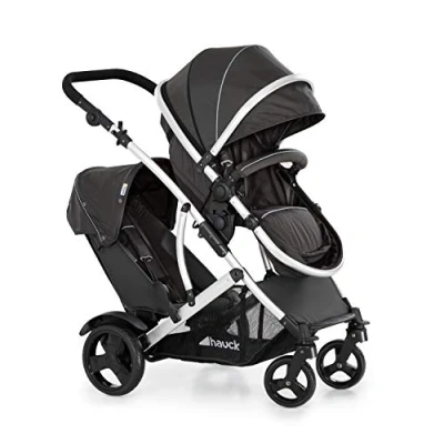 Image of hauck Duett 2, Black Baby &amp; Toddler Tandem Pushchair with Raincover, Carrycot Convertible to Reversible Seat from Birth up 15 kg Second 6 Months, Compact Foldable, Height Adjustable