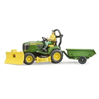 Image of Bruder John Deere Lawn tractor with trailer and gardener Toys