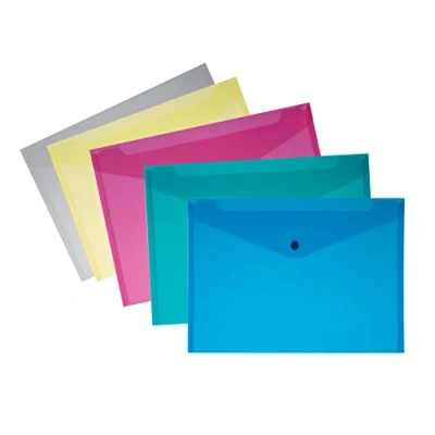 Image of Envelope with Button Size A5, Polypropylene Document Holder Press Closure, Assorted Colours, Pack of 5