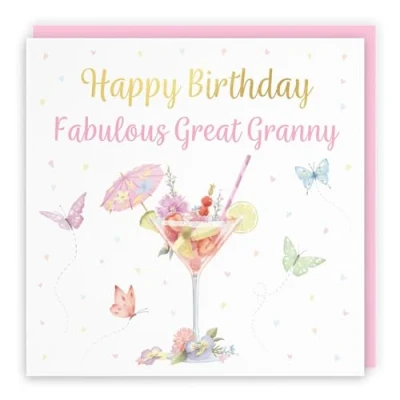 Image of Hunts England Great Granny Pink Cocktail And Butterflies Elegant Birthday Card Luxury Gold Foil Milo&#039;s Gallery Drinks, Flowers, Hearts Female For