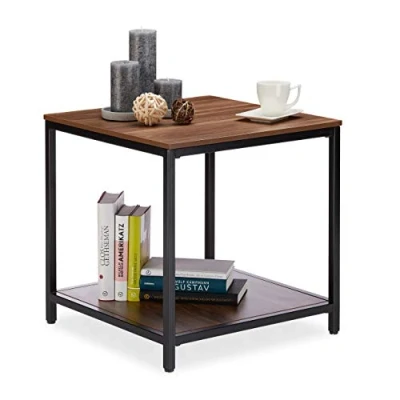 Image of Relaxdays Glass Side Table, 2 Wooden Tiers, Metal Frame, Robust, Square, Flat Coffee Table 51 cm Tall, Black Natural
