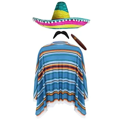 Image of Mexican Man Costume Blue, Green &amp; Orange Poncho, Multicoloured Sombrero, Tash, Fake Cigar Adults Western Bandit Wild West Cinco de Mayo Fancy Dress