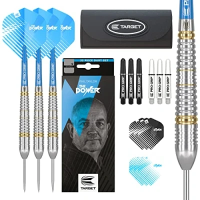 Image of TARGET Darts Phil Taylor 22g Steel Tip Set Accessories Gift Pack Includes Dart Barrels, Pro Grip Short Stems, Flights, Points, Case