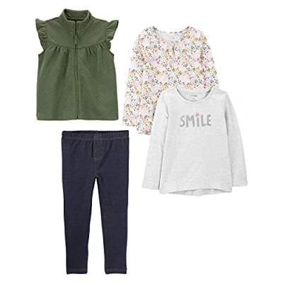 Image of Simple Joys by Carter&#039;s Girls&#039; 4 Piece Top and Vest Set Fashion, Grey Smile/Indigo Wash/Olive/White Floral, Years (Pack of 4)