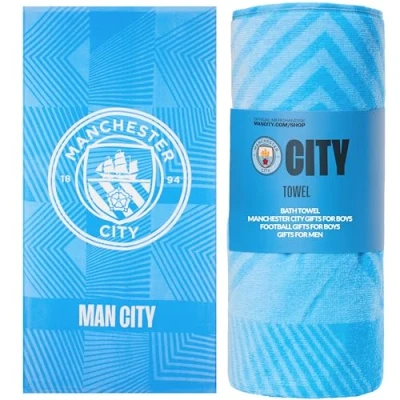 Image of MANCHESTER CITY F.C. Bath Towel for Men Women Teens Boys 100% Cotton Quick Dry Football Crest Beach Swim Gym Holiday Shower Supporters&#039; Gear 137 x 69cm (Blue, 137x68.5cm)
