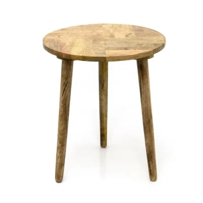 Image of Carousel Home Marquetry Round Table Mango Wood Herringbone Design Side Wooden Pedestal End For Living Room 40x47cm
