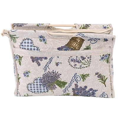 Image of Knitting Tote Bag, Travel Yarn Storage Organizer for Yarn, Practical Wood Handle Woven Fabric Bag Needles Sewing Tools(Blue Flower)