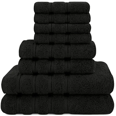 Image of ZZZMRH Luxury Quality 8 Pc Set Black Towel 100% Combed Cotton 650 GSM Towels 2 Bath Towels, Hand 4 Wash cloths, Highly Absorbable bale Sets