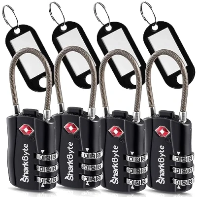 Image of SharkByte TSA Approved Luggage Locks, 3 Dial Security Travel Combination Padlock with Tags, Flexible Cable Wire Suitcase Bag, Gym Lock, Small Code (4 Pack)
