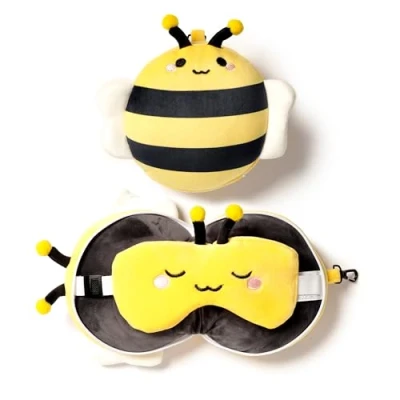 Image of Relaxeazzz Adorabugs Bee Round Plush Travel Pillow &amp; Eye Mask Sleep Masks Kids Accessories For Sleeping Airplane Flight Plane Neck Pillows