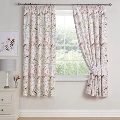 Image of Dreams &amp; Drapes Pink Floral Bird Curtains W66 x L72 (168 183cm) 2x Panels Pencil Pleat in Garden for Bedroom Botanical Pleated