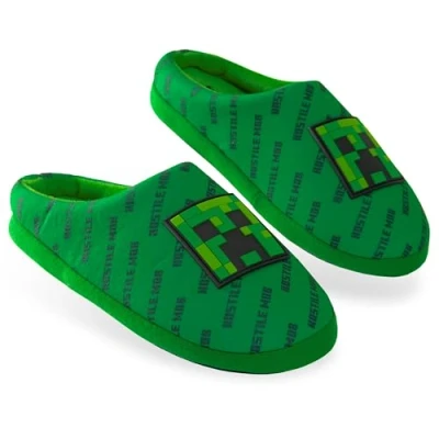 Image of Minecraft Boys Slippers, Cosy Creeper Indoor House Shoes Gamer Gifts for (Green, 13/1 UK)