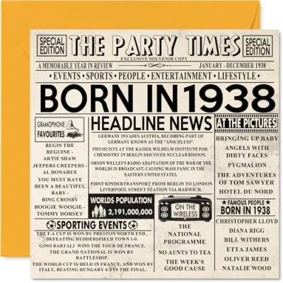 Image of 86th Birthday Cards for Men Women Born In 1938 Newspaper Happy 86 Card Grandad Grandma Nan Vintage Retro Back 1938, 145mm x Eighty Six Sixth Bday Greeting