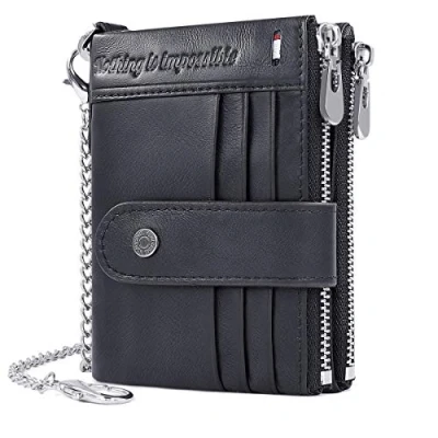 Image of REETEE Mens Wallet RFID Blocking Genuine Leather Wallets Slim for Men with Chain,Men&#039;s Bifold 19 Credit Card Holder and Zipper Coin Pocket（Black）