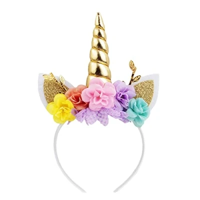 Image of Nishine Unicorn Horn Floral Headband Glitter Ears Pony Head Bands Tiara for Girls Party Birthday Cosplay (Gold&amp;Pink)