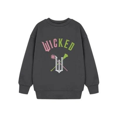 Image of WICKED Girls Dark Grey Graphic Sweatshirt Long Sleeve Crew Neck Fantasy Top Colourful Text Broom &amp; Wands Kids Apparel Casual Wear for Teens Children