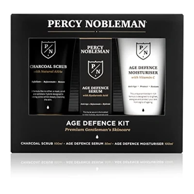 Image of Percy Nobleman Age Defence Kit, a men&#039;s skincare set containing Charcoal Face Scrub (with Natural AHAs), ultra hydrating Facial Serum Hyaluronic Acid), and Moisturiser Vitamin C)