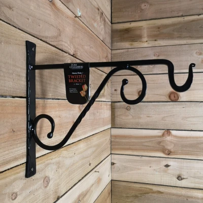 Image of Tom Chambers Heavy Duty Handcrafted Metal 35cm Black Twisted Wall Bracket Hook For Garden Patio Hanging Basket Planter Bird Feeder