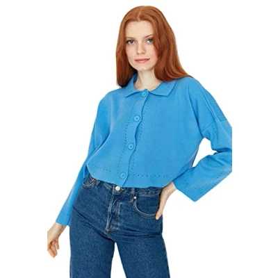 Image of Trendyol Women Regular fit Basic Shirt Collar Knitwear Cardigan Blue
