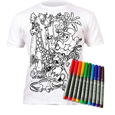 Image of Splat Planet Colour in Zoo Safari Animals T Shirt with 10 Non Toxic Washable Magic Pens Your Own, Colouring and Wash Out (3 4 Years)