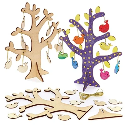 Image of Baker Ross FC688 Bird Wooden Tree Kits Pack of 2, Wood Craft for Kids, Kids Painting Crafts, Nature Decoration, Gold